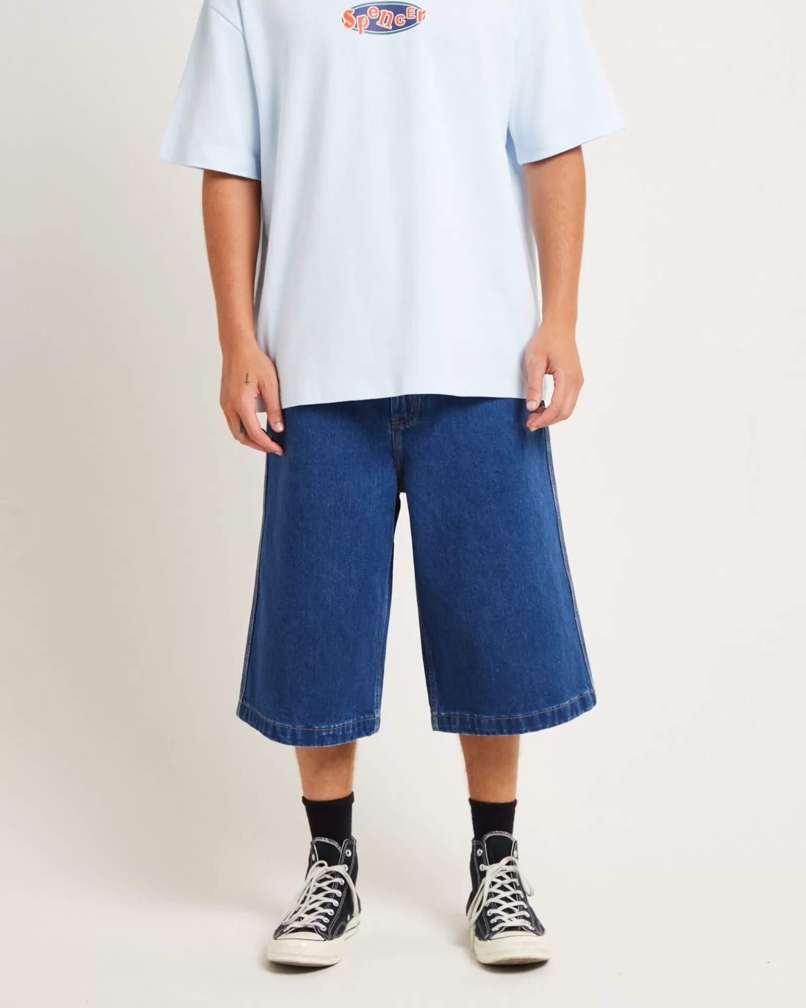 Shop SPENCER PROJECT 3/4 Skate Denim Jorts In Y2K Indigo