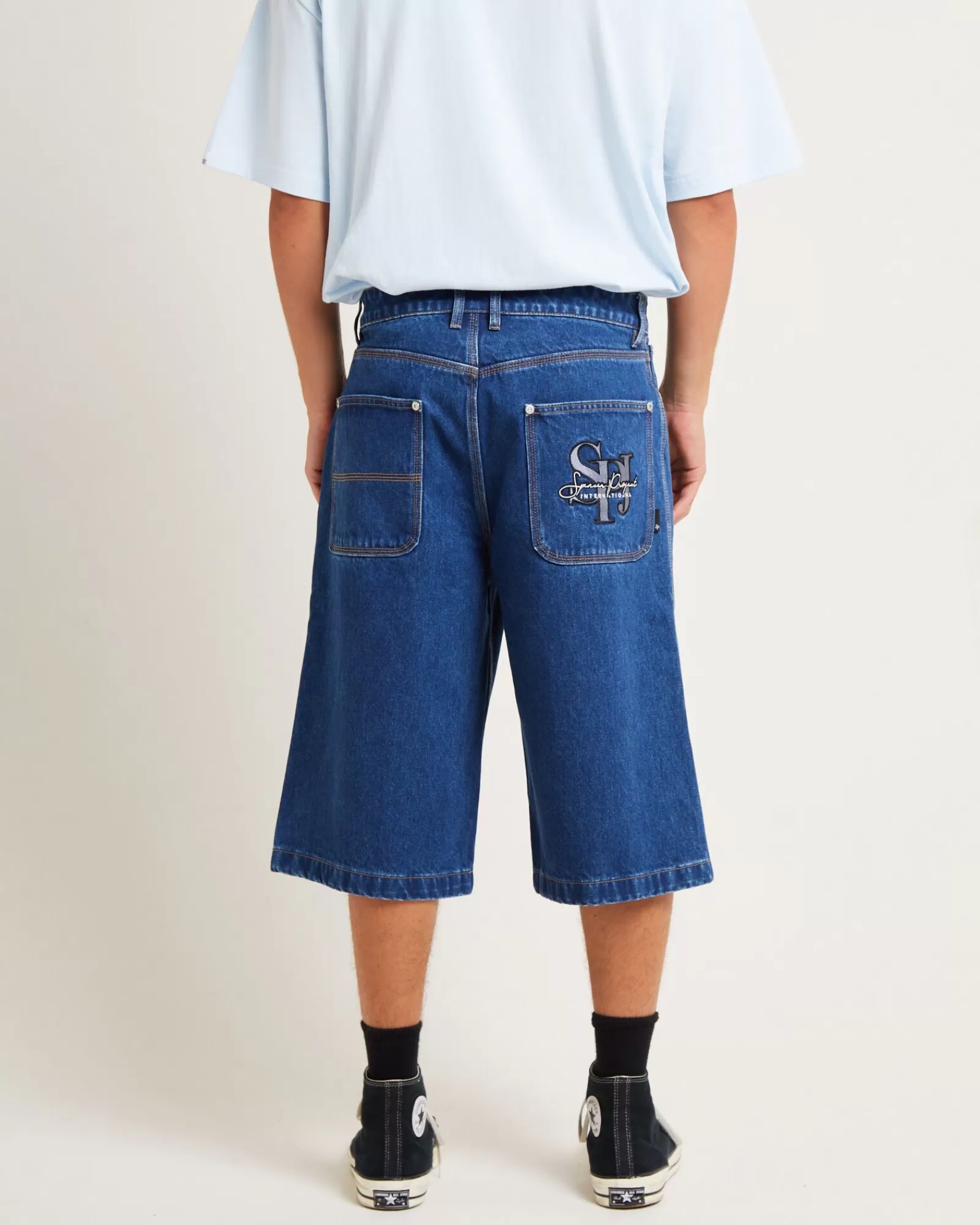 Shop SPENCER PROJECT 3/4 Skate Denim Jorts In Y2K Indigo