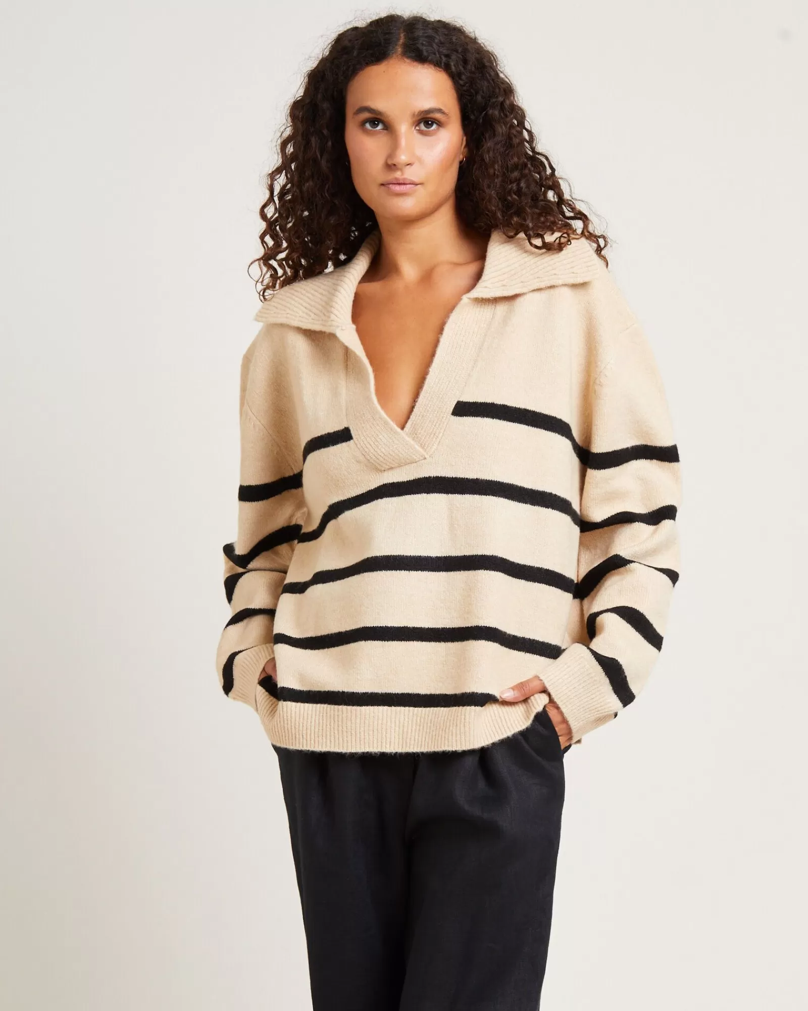 Shop SUBTITLED Avari Knit Lounge Polo Jumper Oat