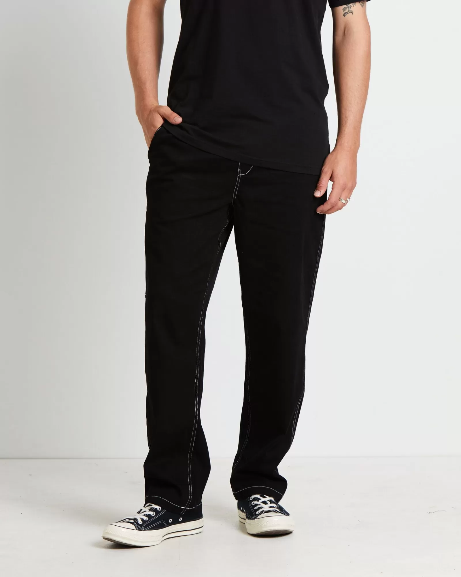 New TAIKAN Contrast Stitch Carpenter Pants In Black