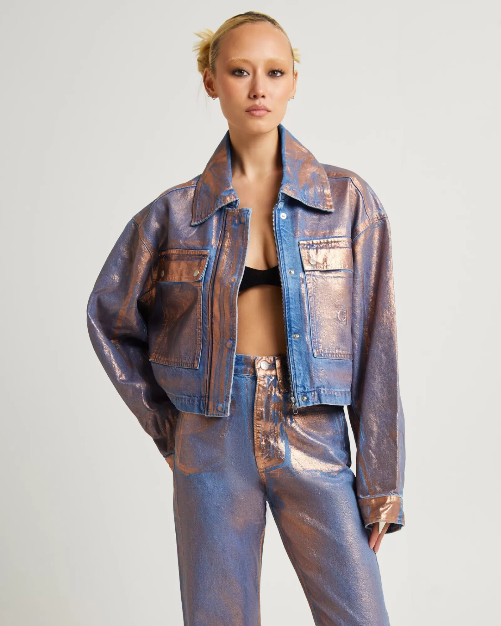 Flash Sale CALVIN KLEIN Cropped Metallic Denim Shirt Jacket