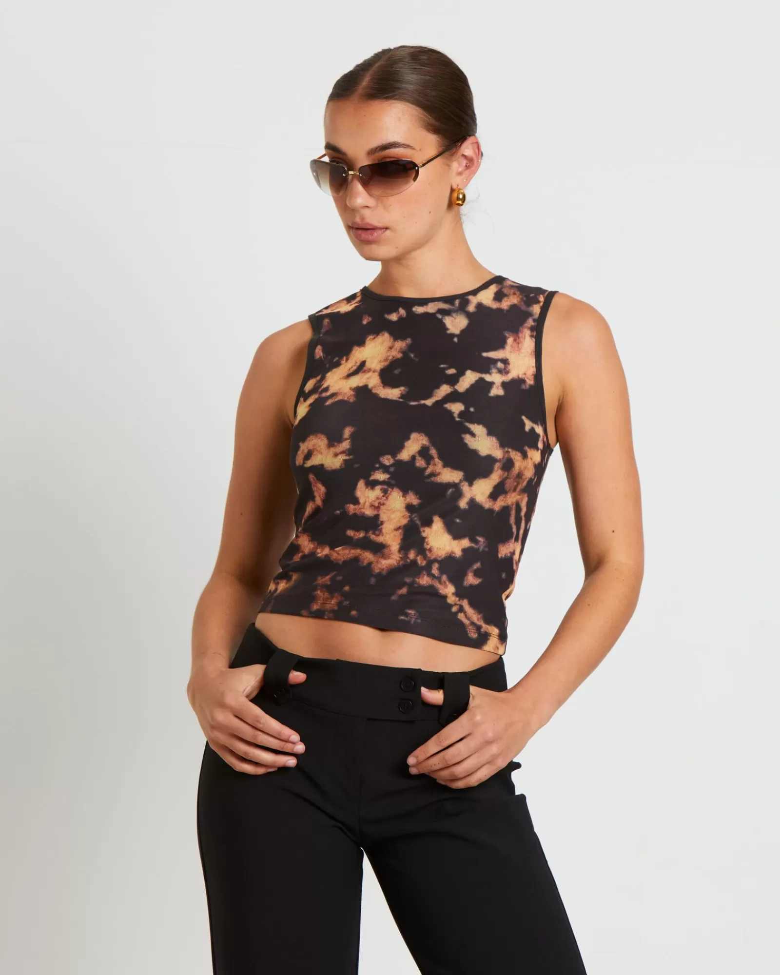 Shop NEON HART Dark Cloud Mesh Cut Off Tank Top In Brown