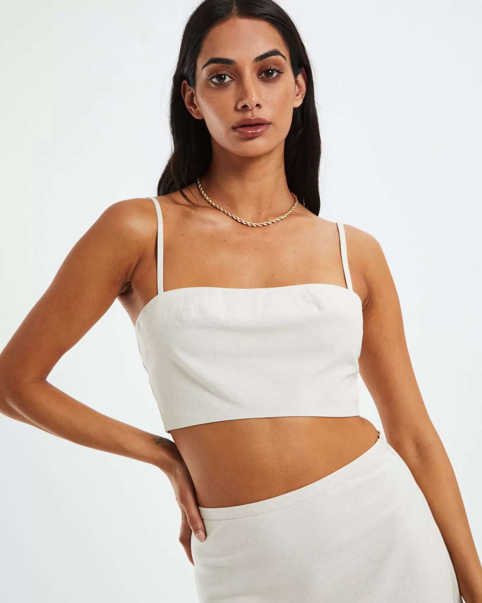 New SUBTITLED Delilah Linen Bandeau Top Oat Marle