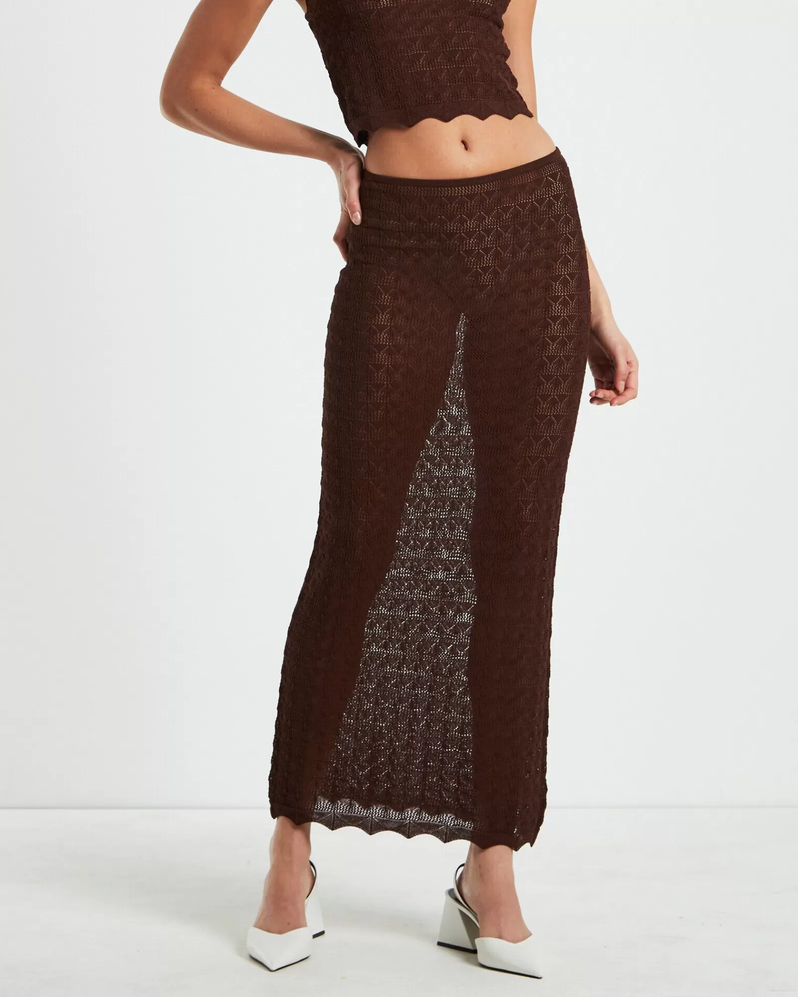 Shop ALICE IN THE EVE Eleanora Lace Knit Maxi Skirt Dark Chocolate Brown