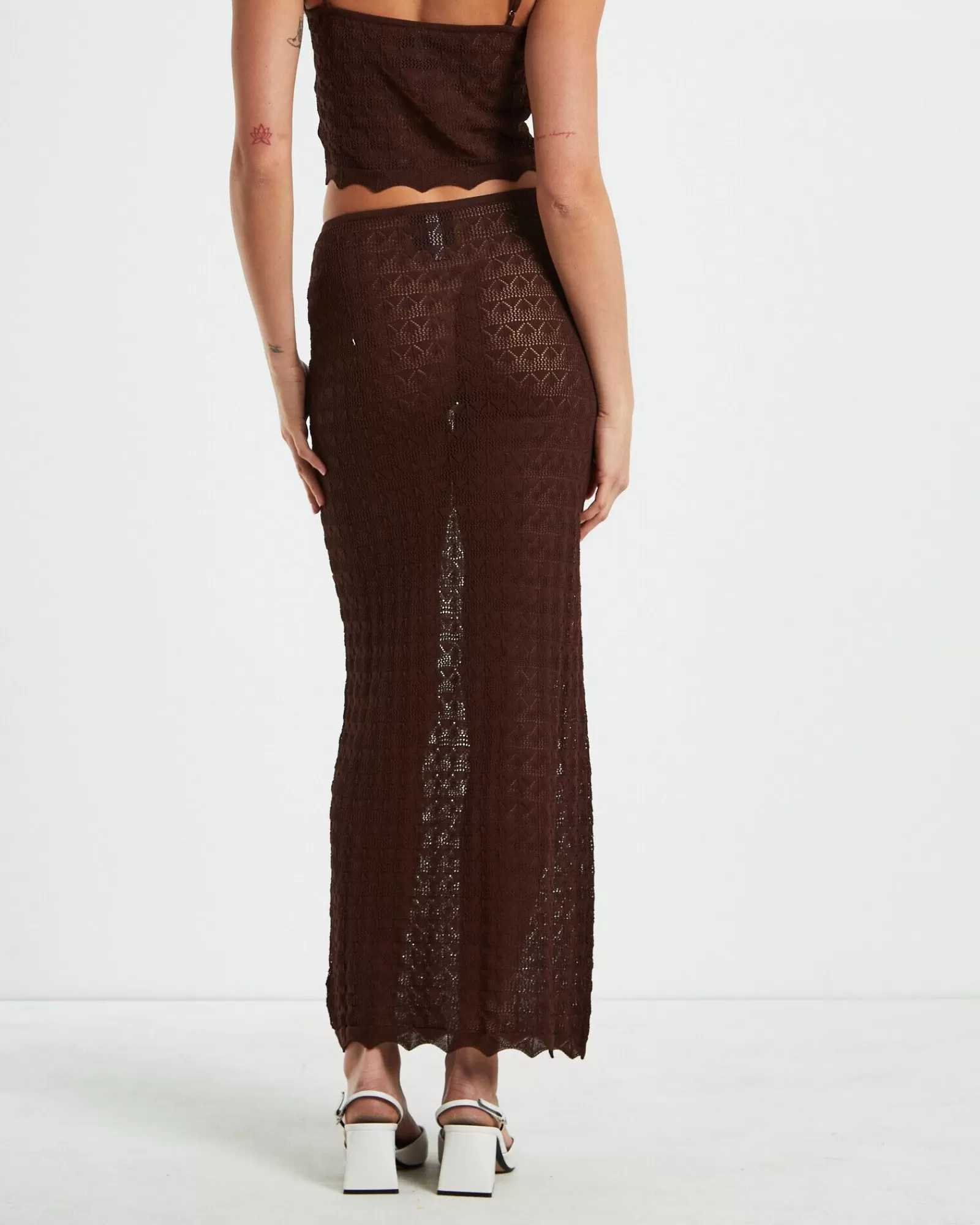 Shop ALICE IN THE EVE Eleanora Lace Knit Maxi Skirt Dark Chocolate Brown