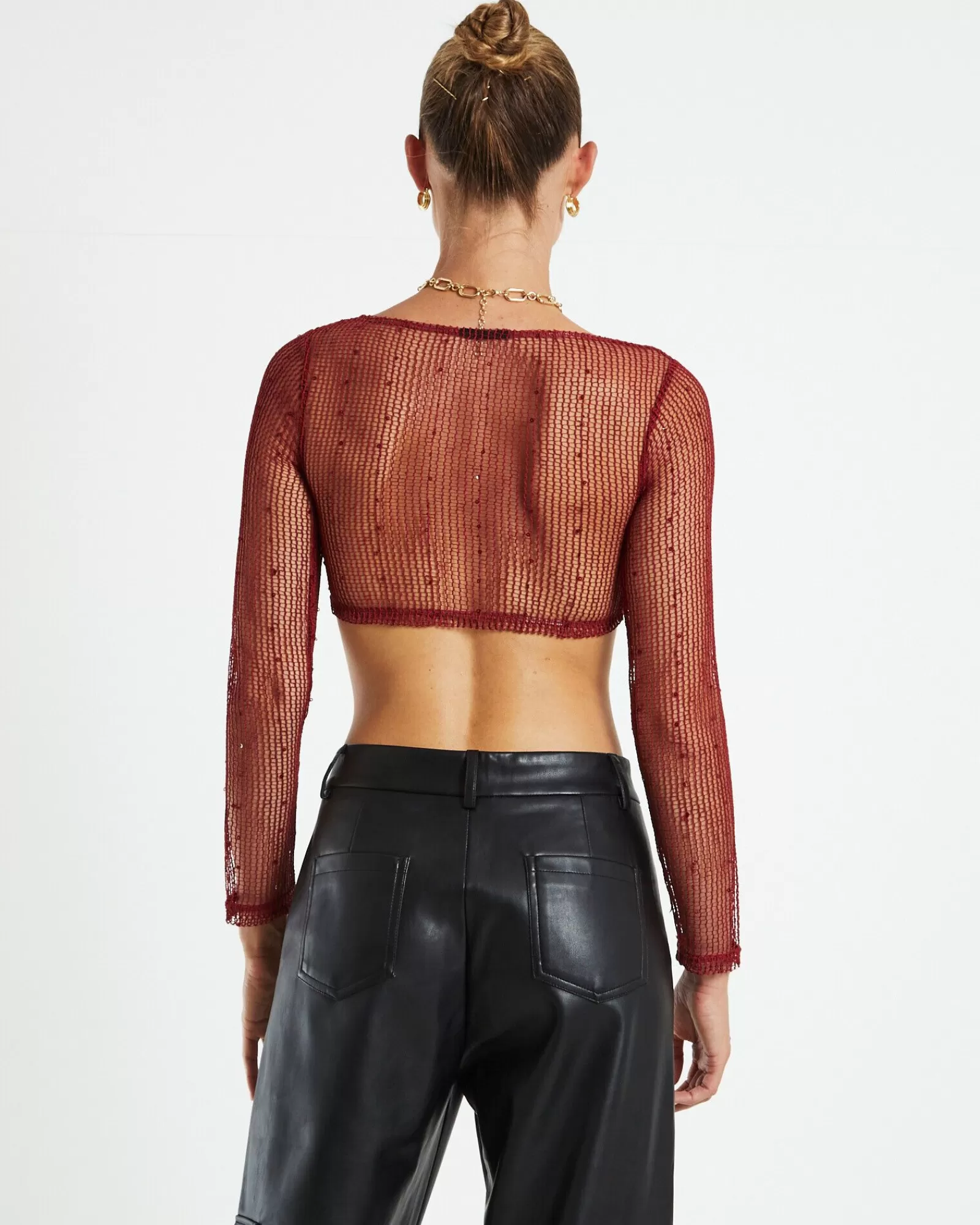 Hot ALICE IN THE EVE Emery Shimmer Mesh Long Sleeve Top Garnet Red