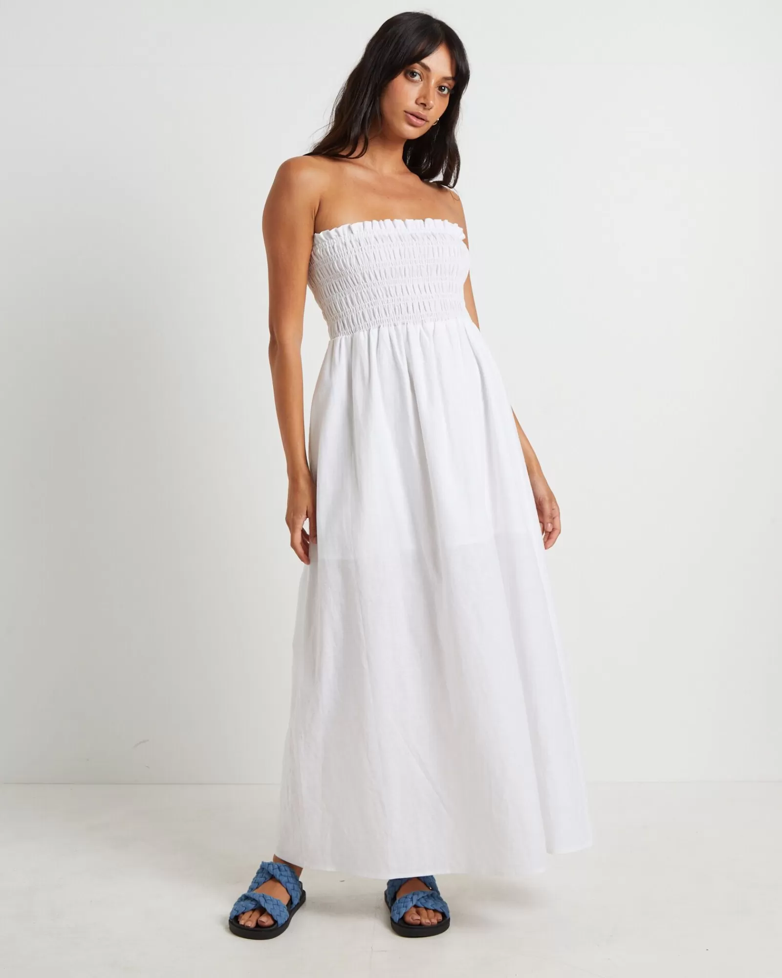 New SUBTITLED Esme Shirred Bandeau Maxi Dress In White