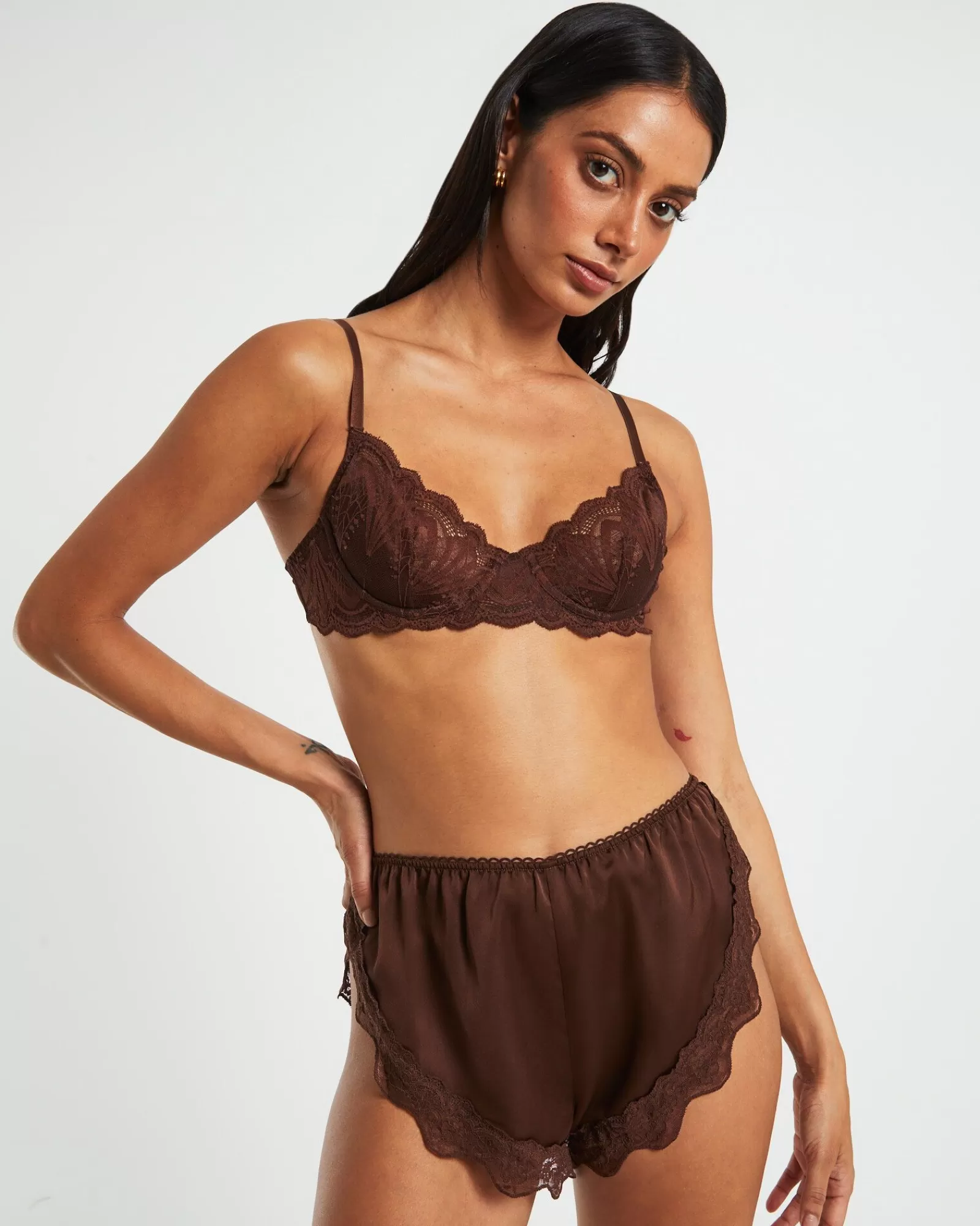 New LOVE NOTES Exie Cheeky Runner Silky Shorts In Chocolate Brown