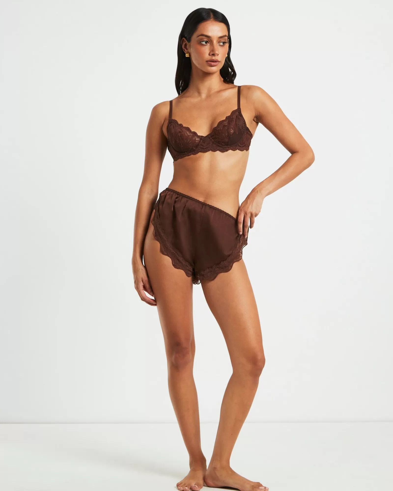 New LOVE NOTES Exie Cheeky Runner Silky Shorts In Chocolate Brown