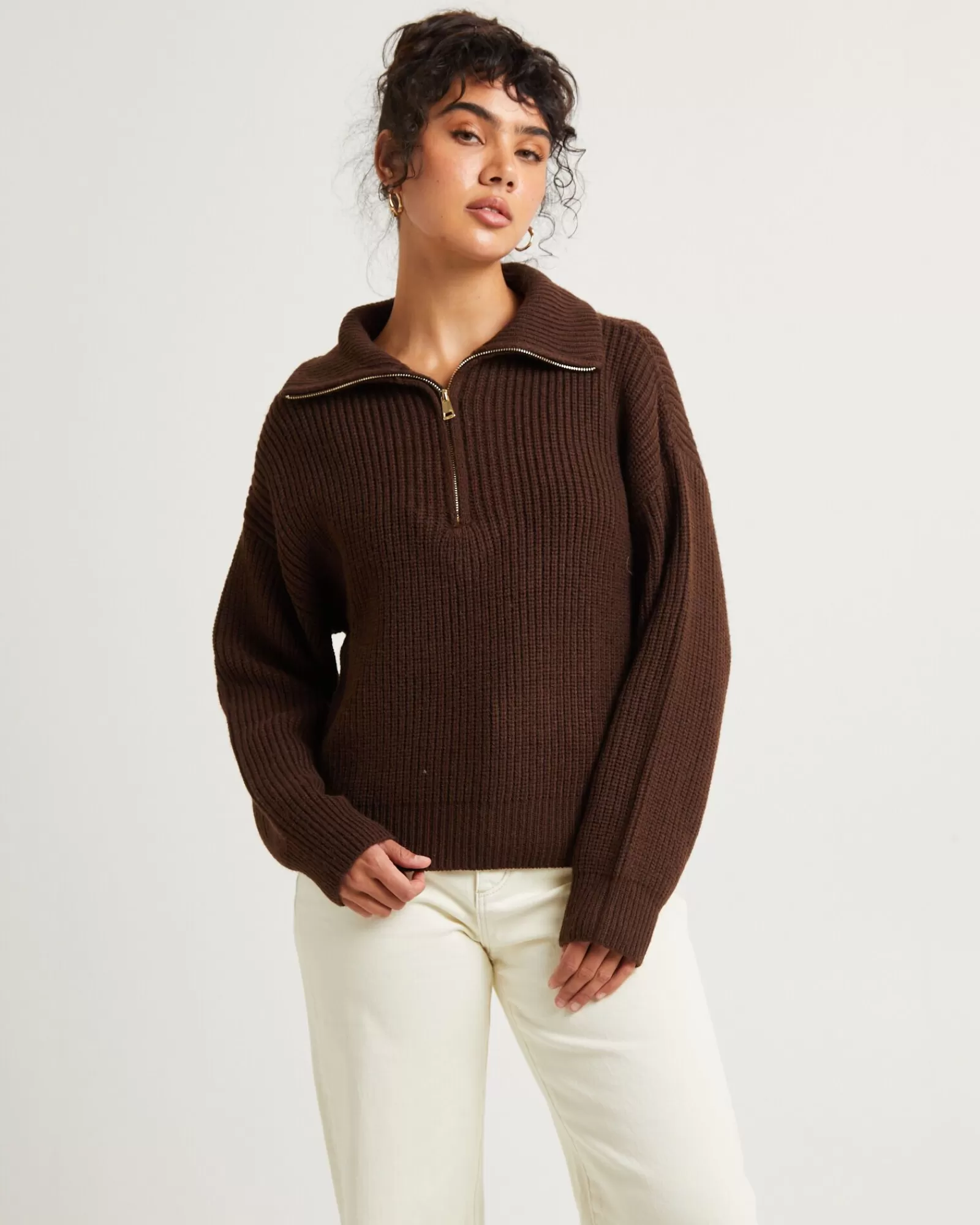 Cheap SUBTITLED Ezra Half Zip Knit Pull Over Chocolate Brown