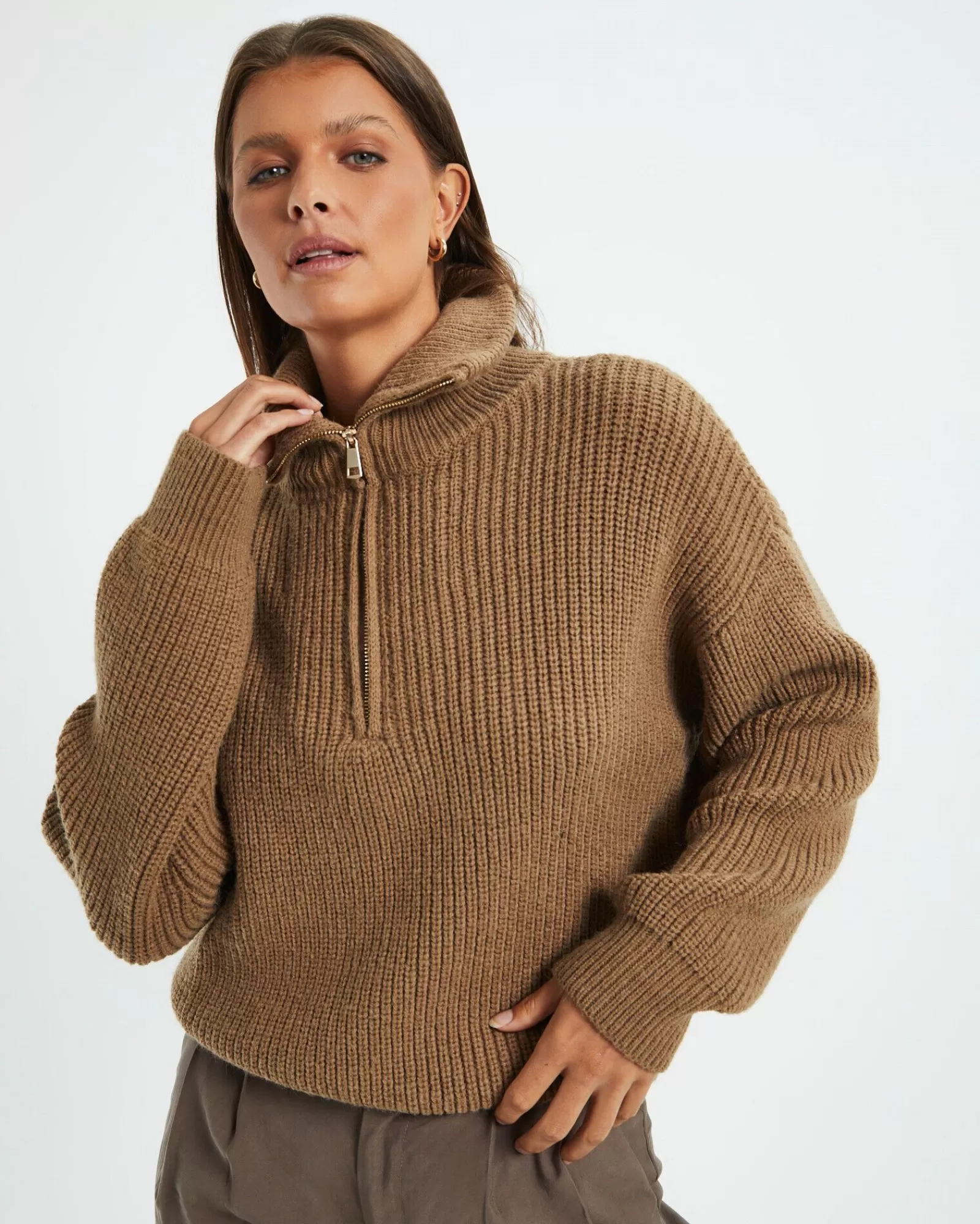 Fashion SUBTITLED Ezra Half Zip Knit Pull Over Hazelnut