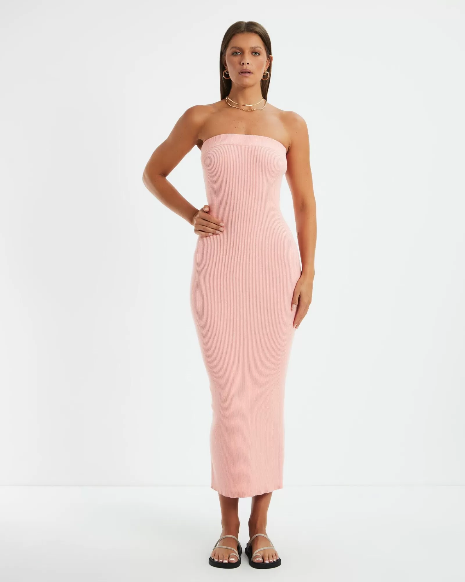 New CHARLIE HOLIDAY Freya Knit Midi Dress Pink Punch