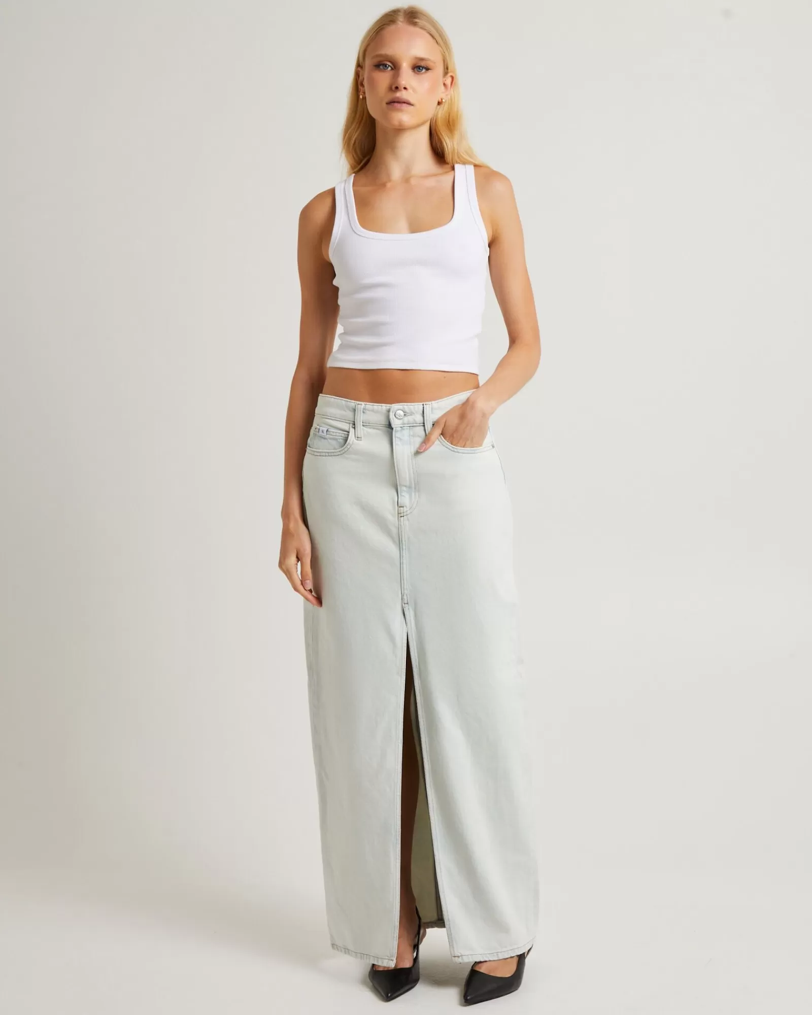 Discount CALVIN KLEIN Front Split Maxi Denim Skirt