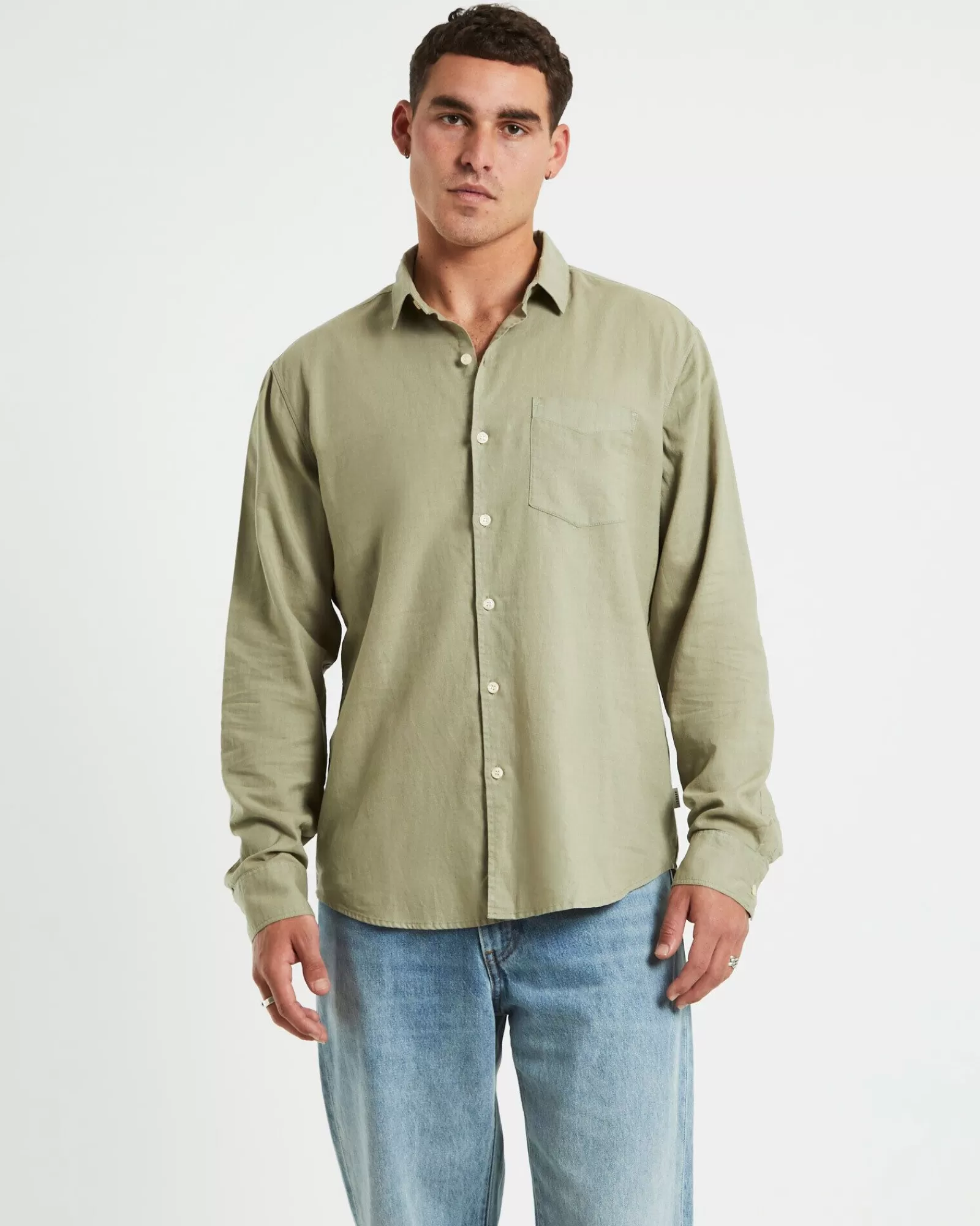 Discount ARVUST Grover Long Sleeve Linen Shirt Moss