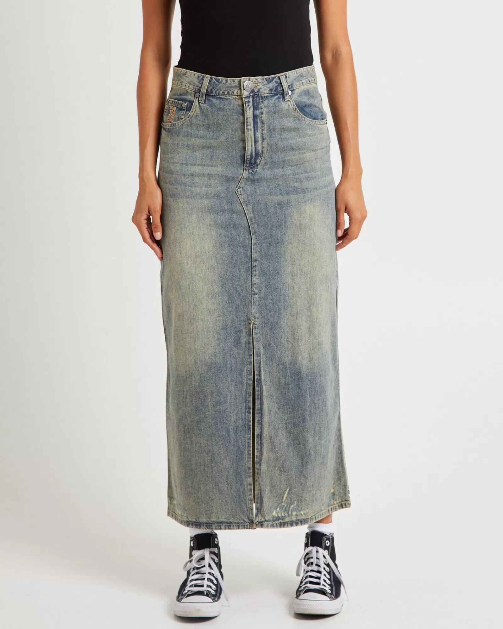 Discount ONE TEASPOON High Waisted Denim Column Skirt Dirty Blue