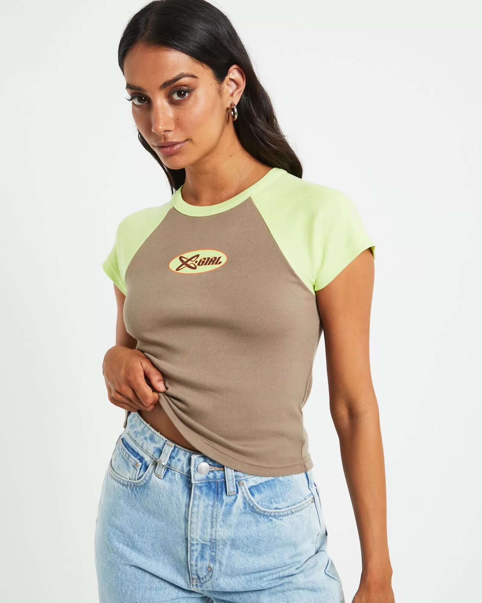 Store X GIRL Infinity Short Sleeve Raglan Tee In Taupe Brown