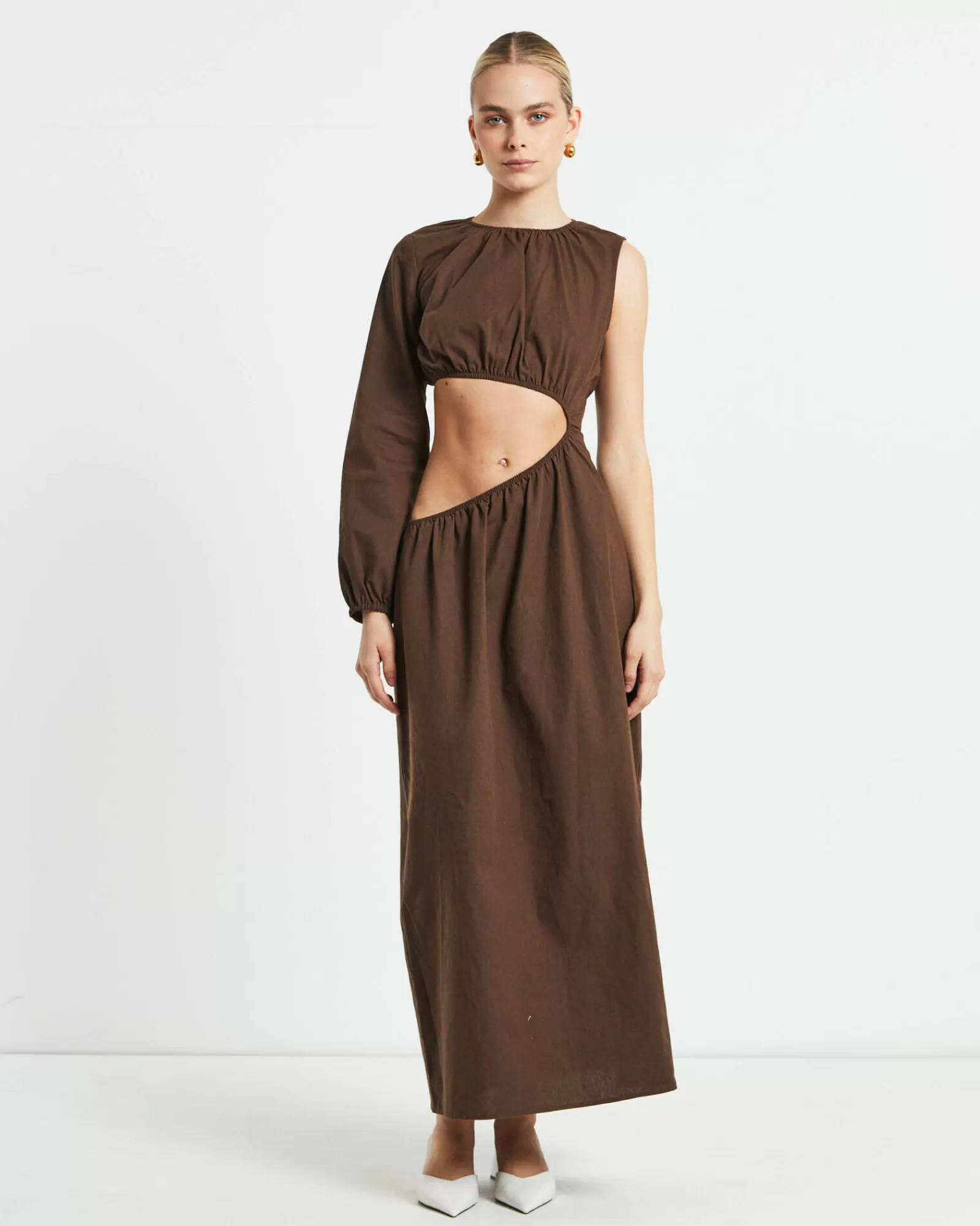 Clearance SUBTITLED Isobel One Shoulder Cut Out Midi Dress In Chocolate