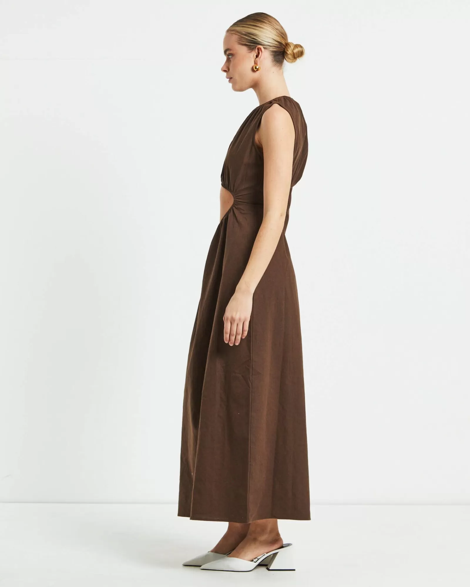 Clearance SUBTITLED Isobel One Shoulder Cut Out Midi Dress In Chocolate