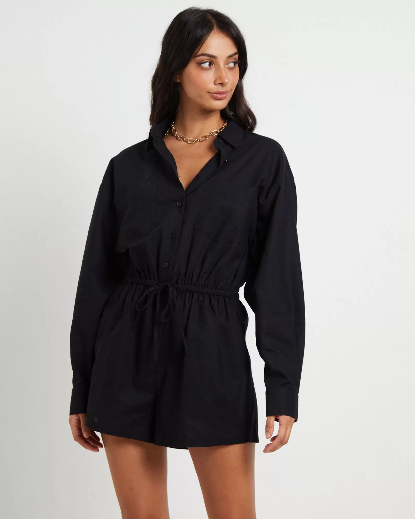 Shop SUBTITLED Joslin Boxy Long Sleeve Shirt Playsuit In Black