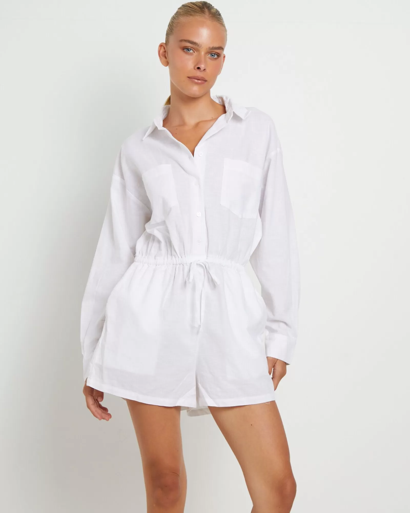 Store SUBTITLED Joslin Boxy Long Sleeve Shirt Playsuit In White