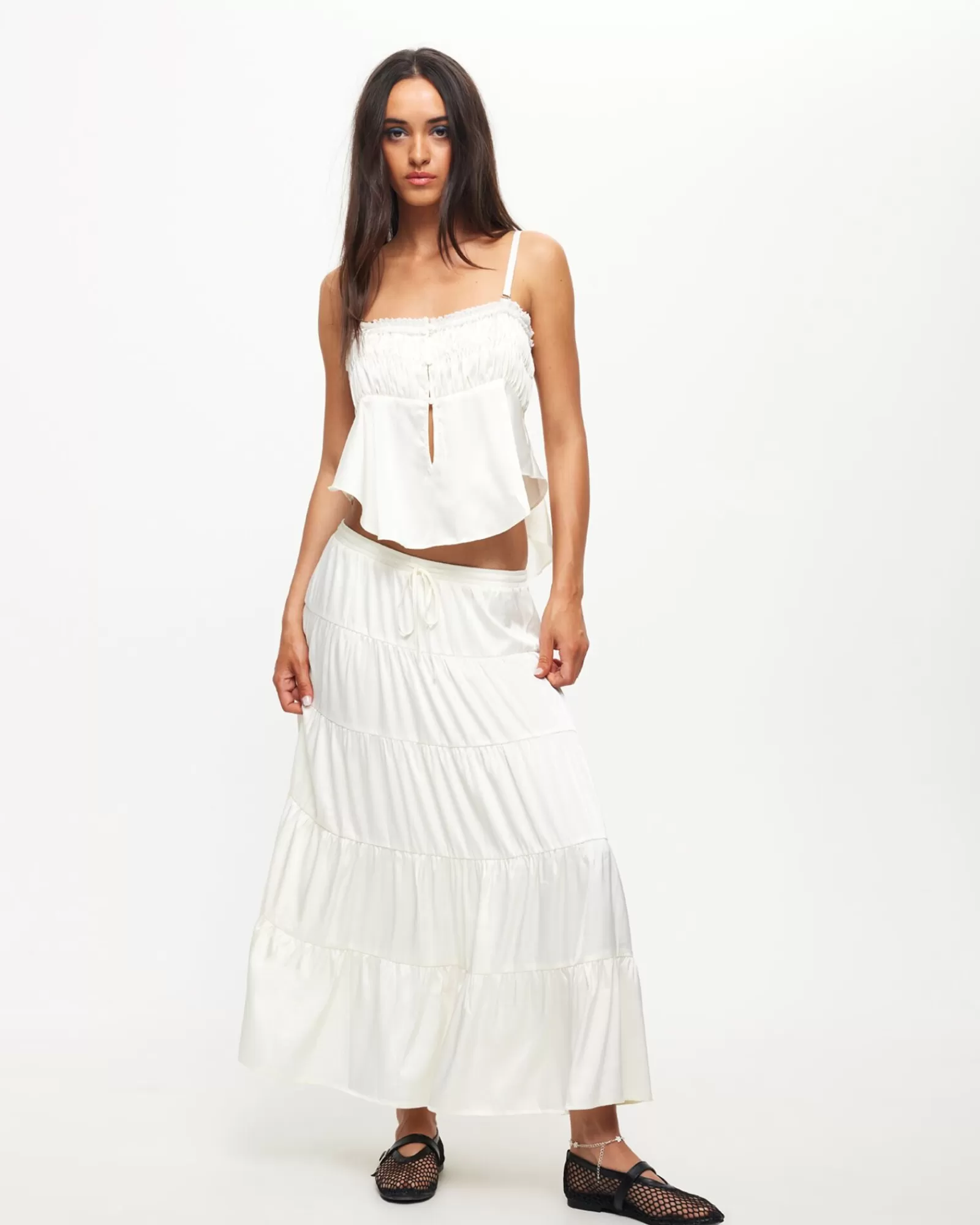 Hot LIONESS Keira Tiered Midi Skirt In Porcelain