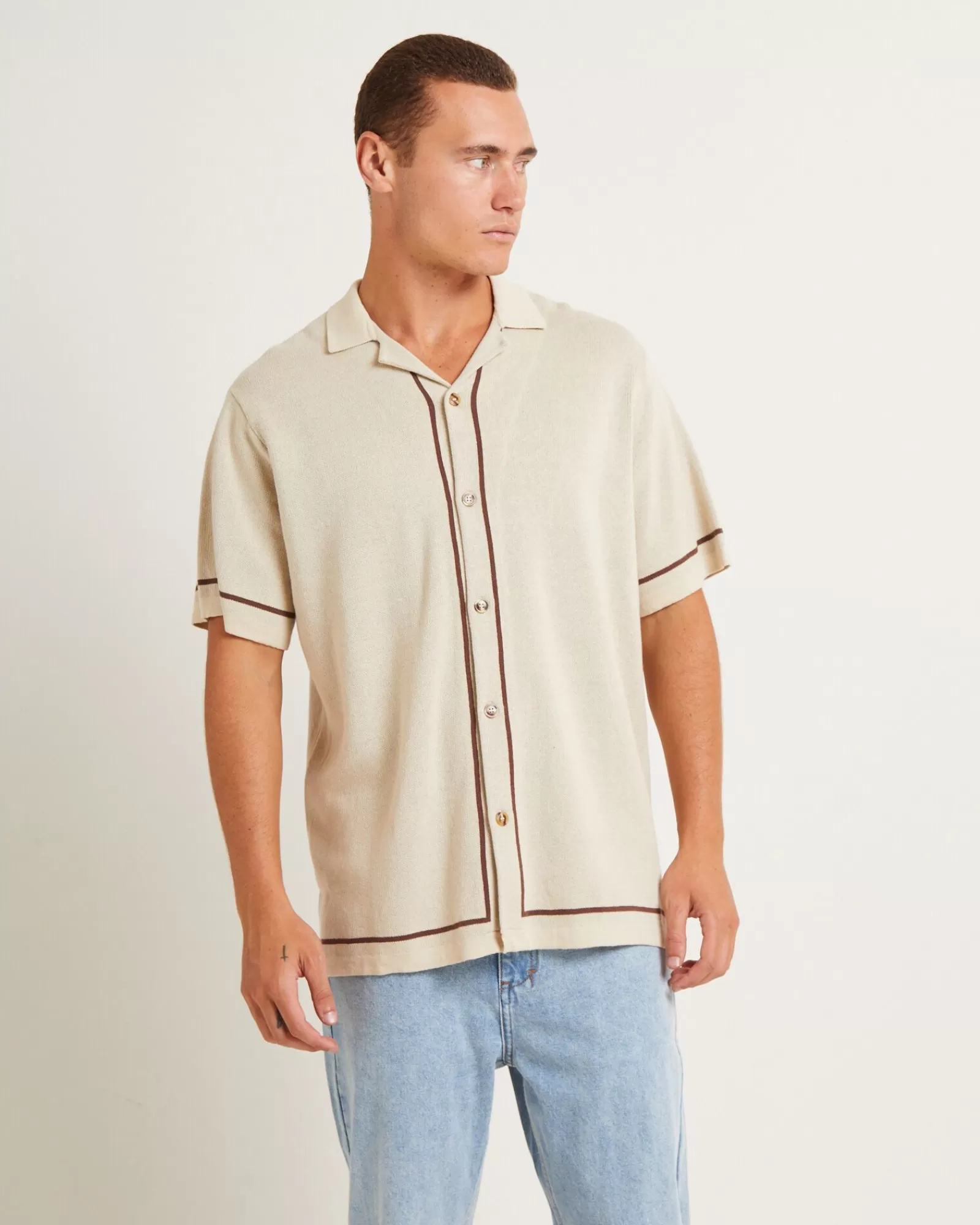 Clearance ARVUST Knit Bowling Short Sleeve Shirt In Natural