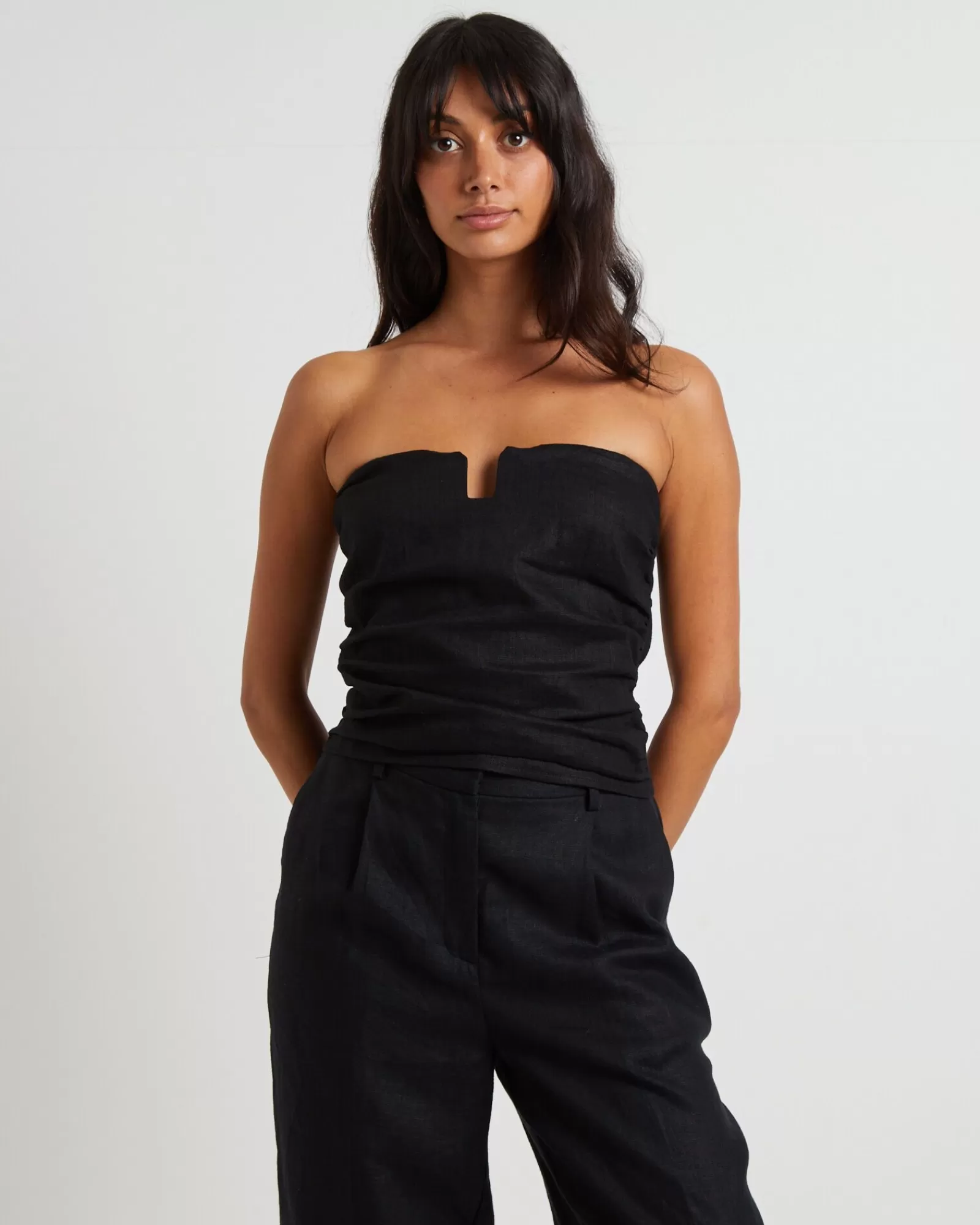 New SUBTITLED Lui Cut Out Linen Bandeau Top In Black