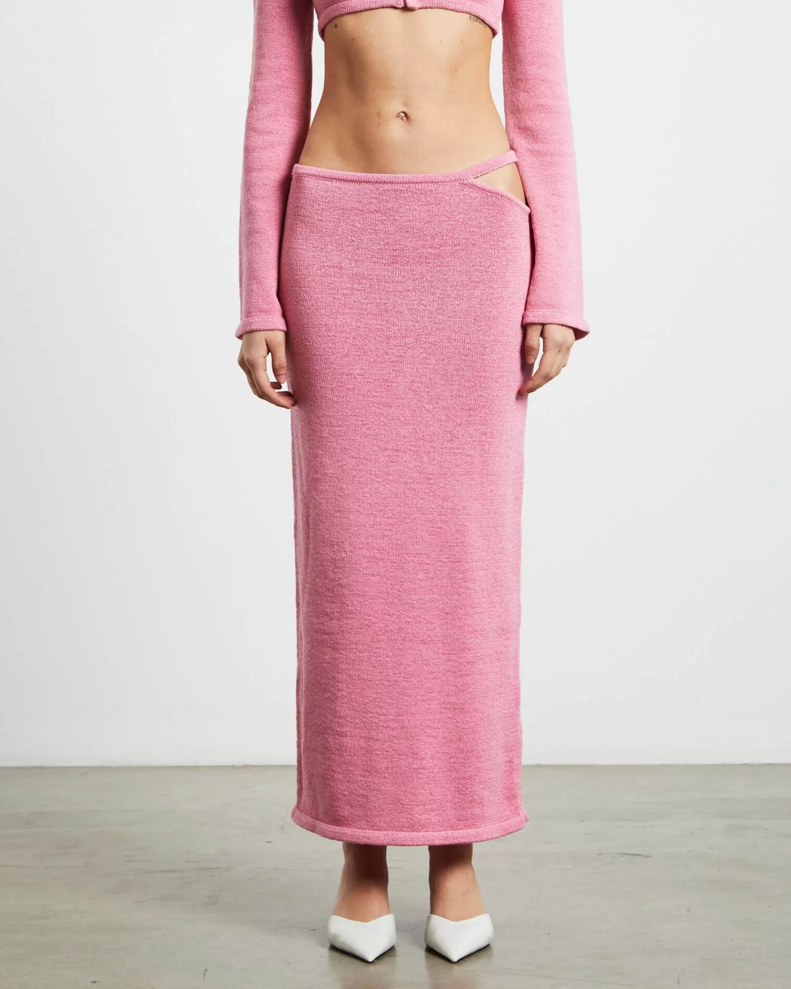 Store SUBTITLED Mika Knit Strap Midi Skirt In Strawberry Pink