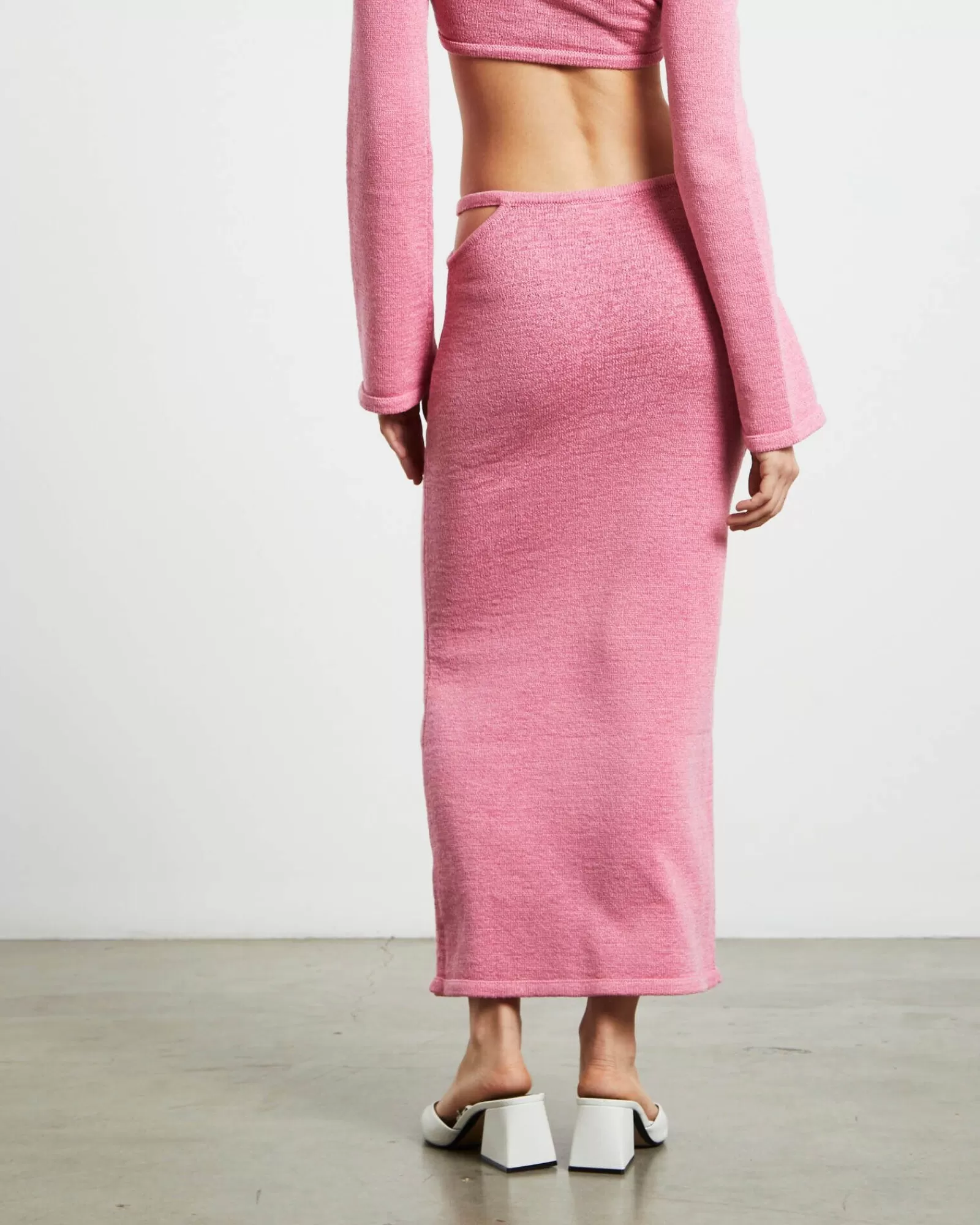 Store SUBTITLED Mika Knit Strap Midi Skirt In Strawberry Pink