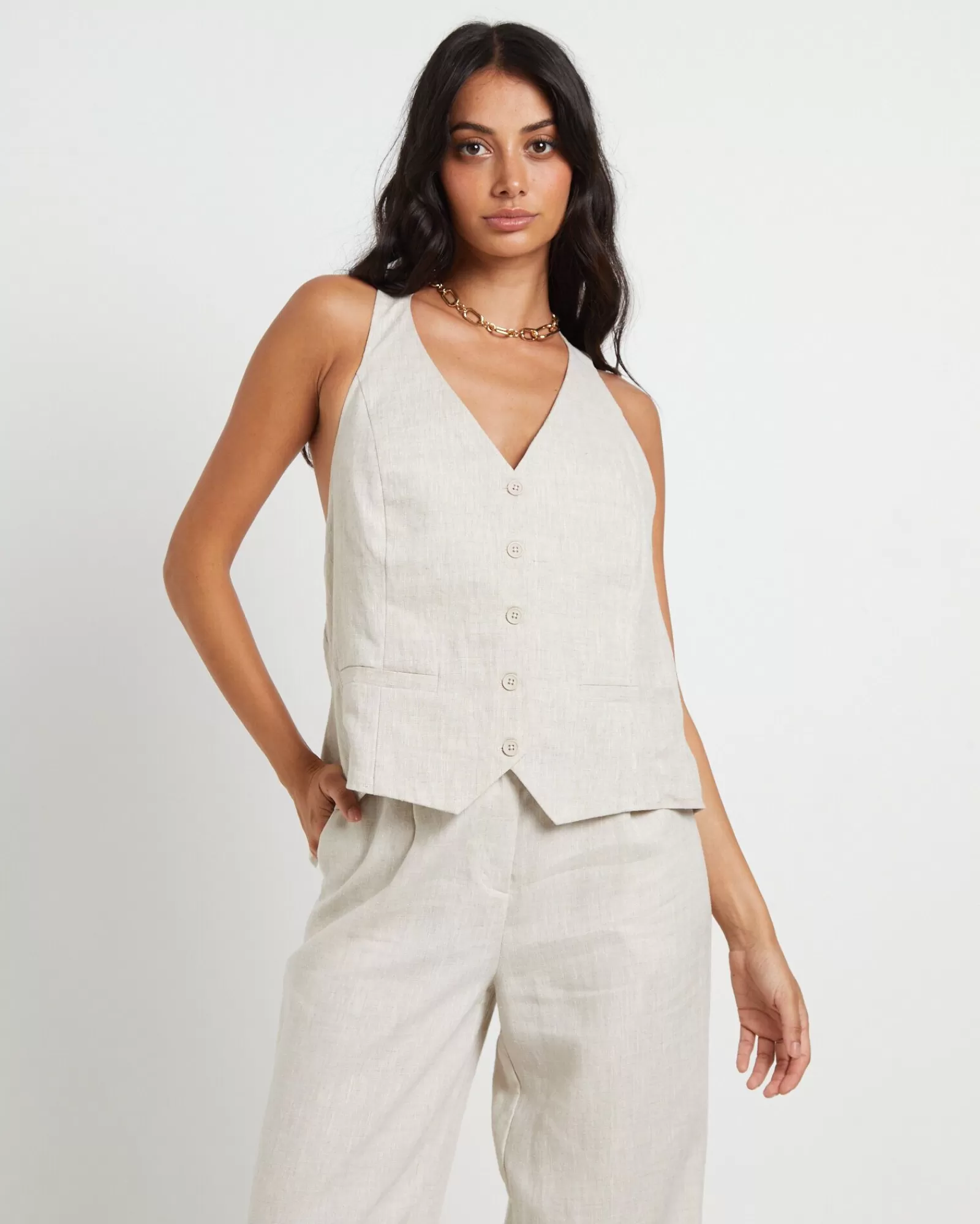 Online SUBTITLED Naomi Linen Halter Vest In Oat Marle