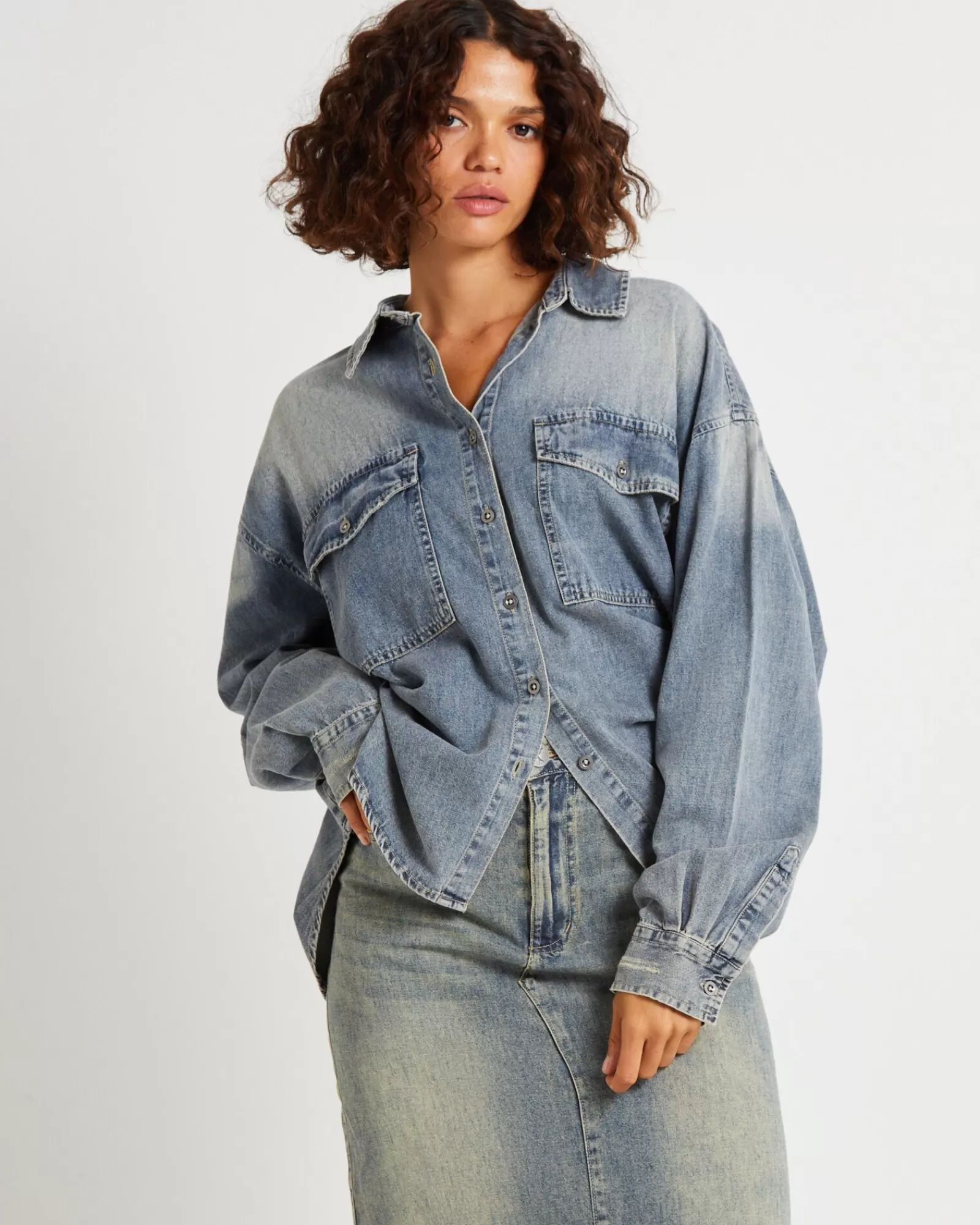 Cheap ONE TEASPOON Oversized Denim Western Shirt Dirty Blue