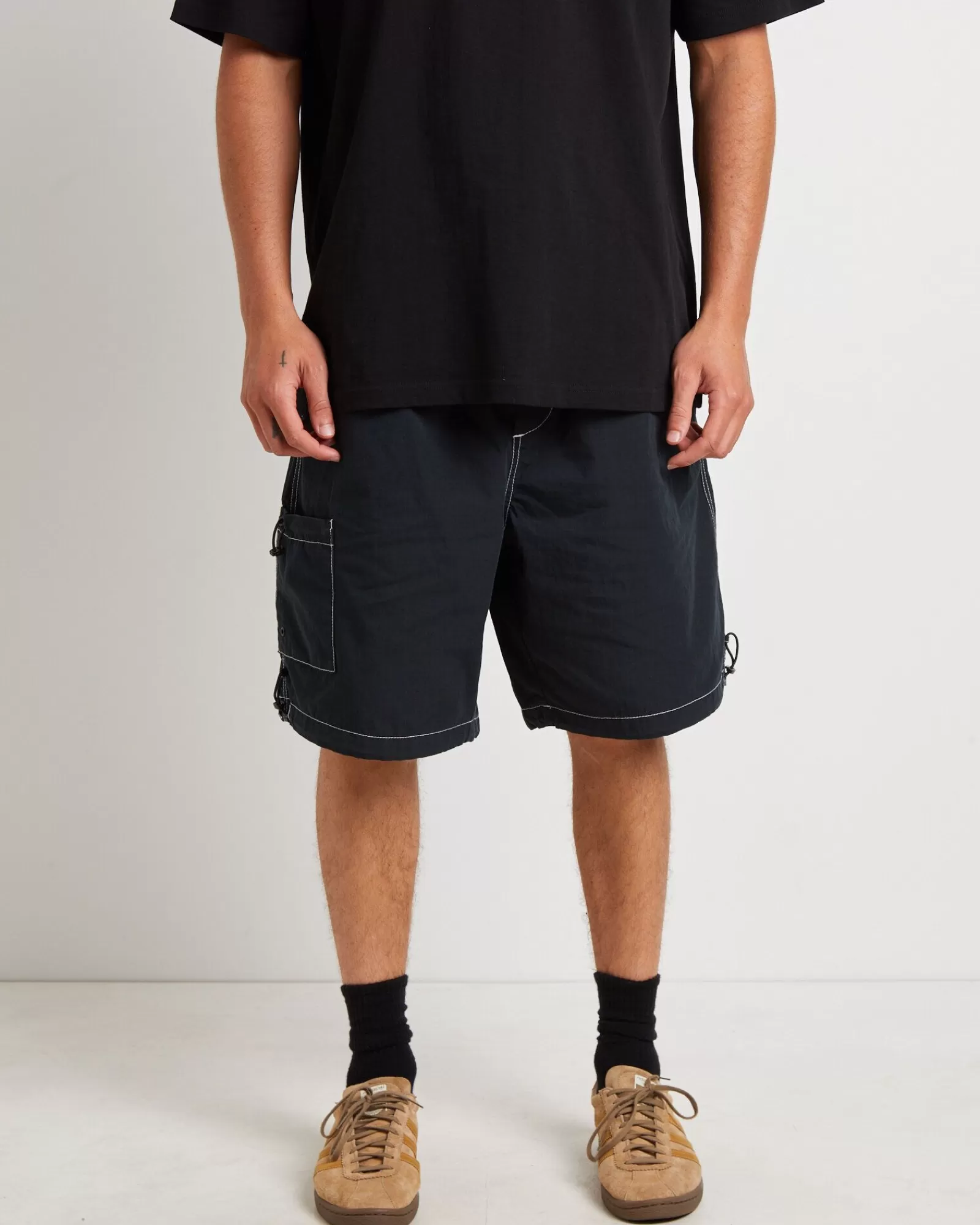 Cheap BLACK NOISE WHITE RAIN Parachute Shorts In Petrol Navy