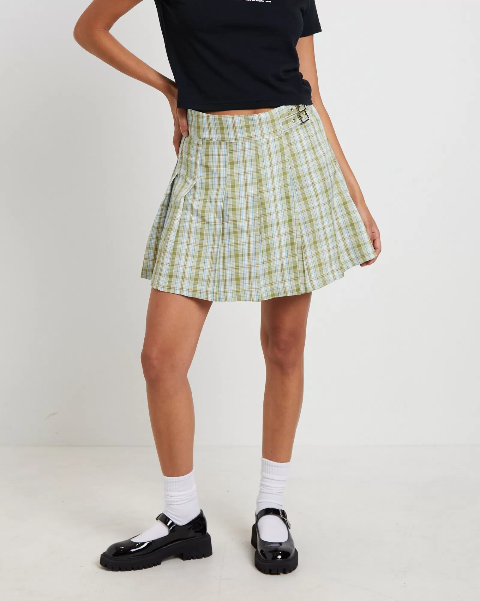 Discount X GIRL Plaid Pleated Skirt In Army Green