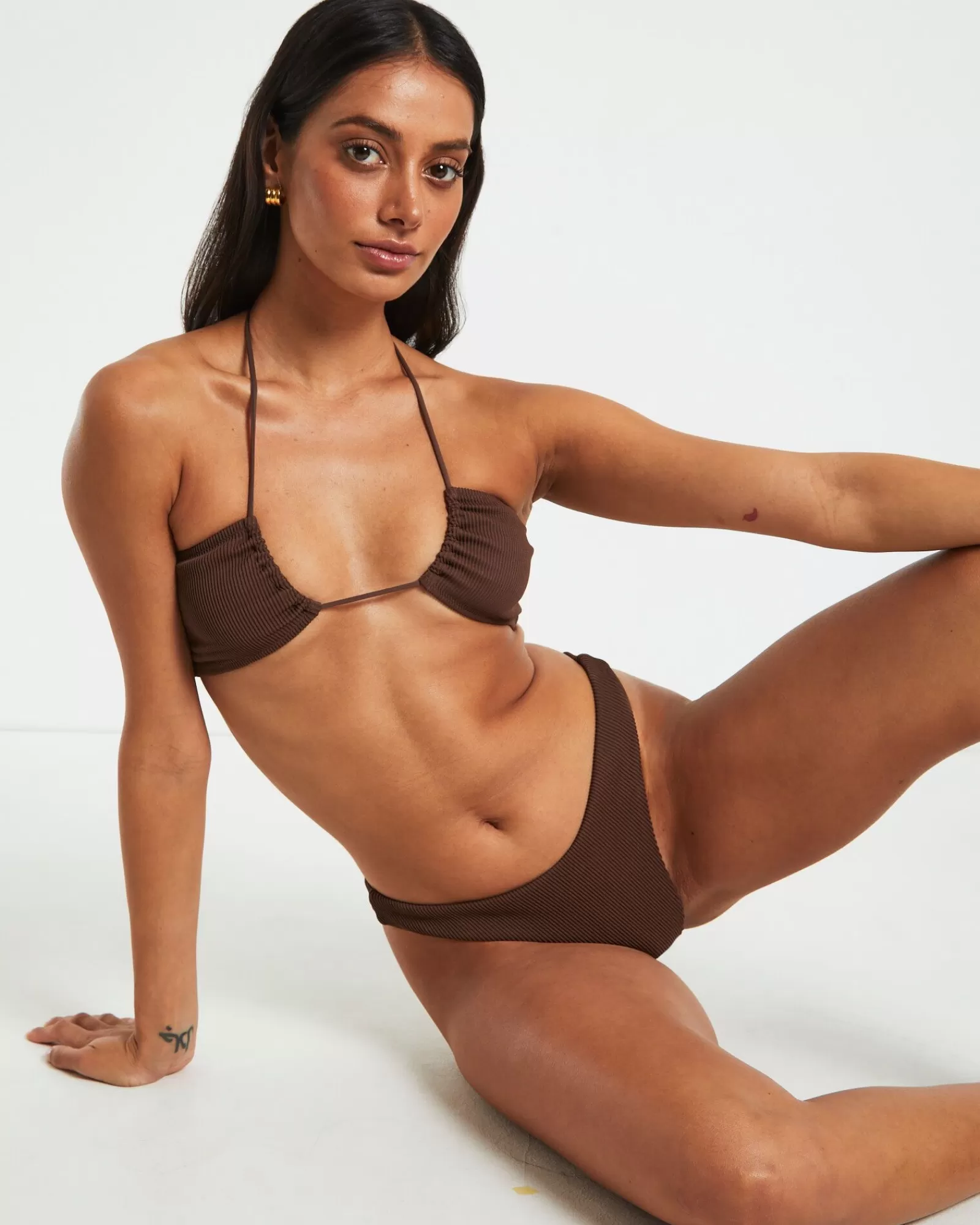 Discount SUBTITLED Rib Cross Front Bikini Top In Chocolate Brown