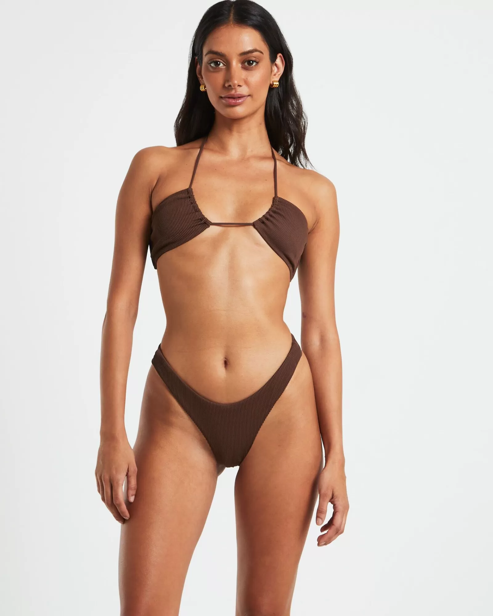 Discount SUBTITLED Rib Cross Front Bikini Top In Chocolate Brown