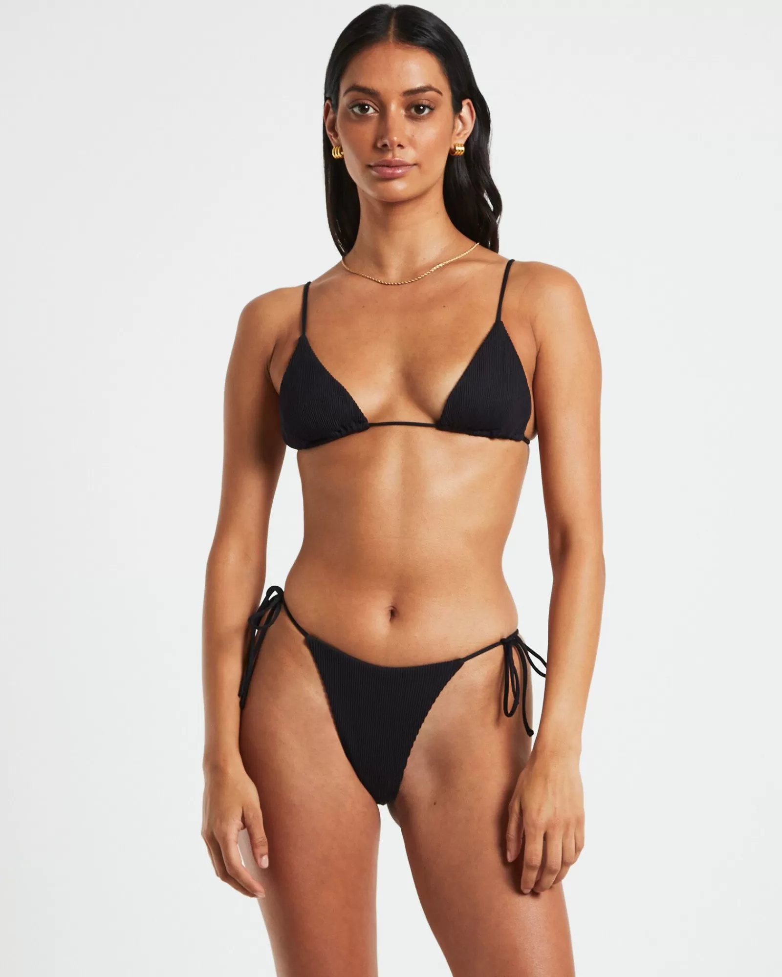 Store SUBTITLED Rib Skinny Strap Triangle Bikini Top In Black