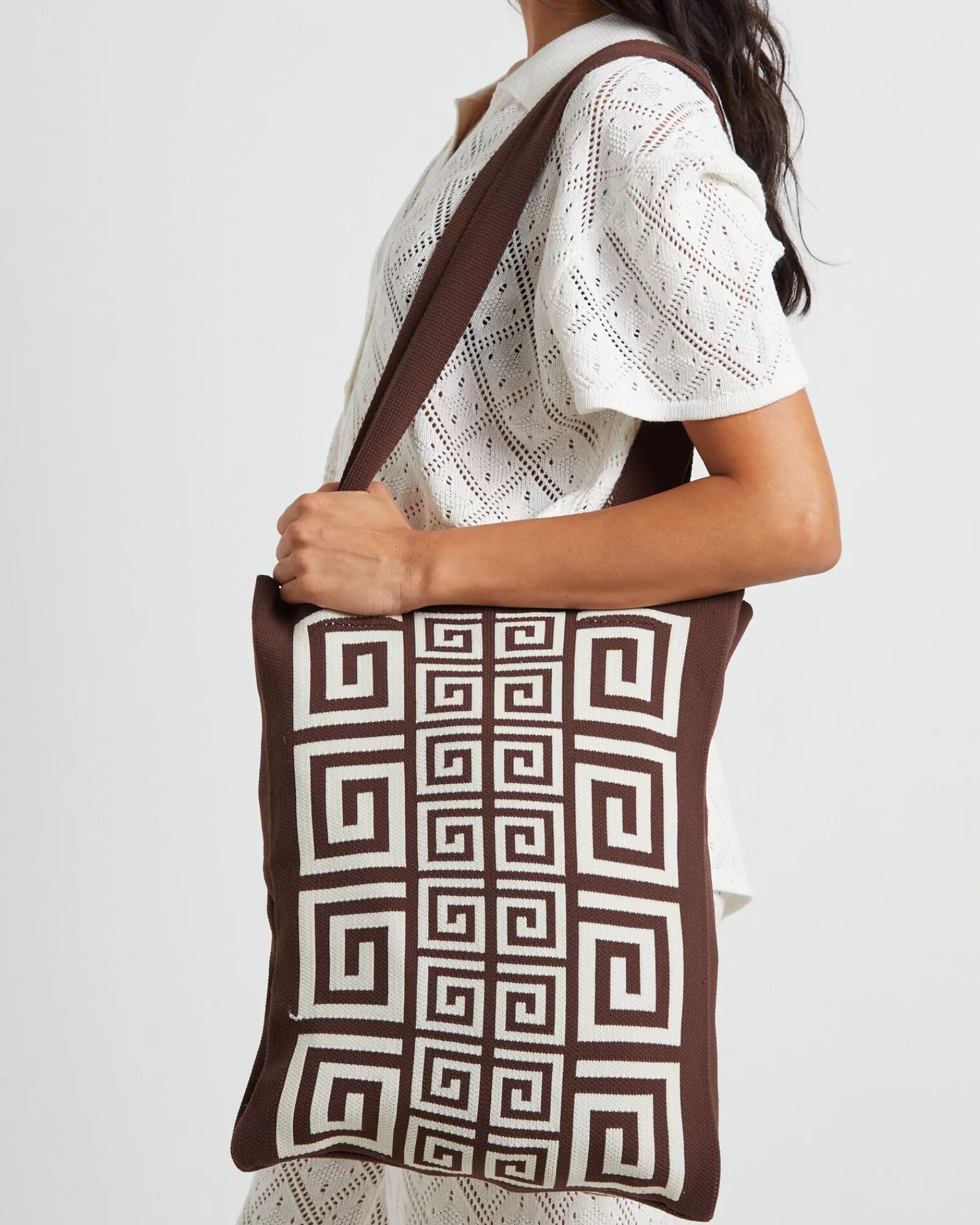 Shop SUBTITLED Riviera Border Jacquard Tote Bag In Chocolate Brown