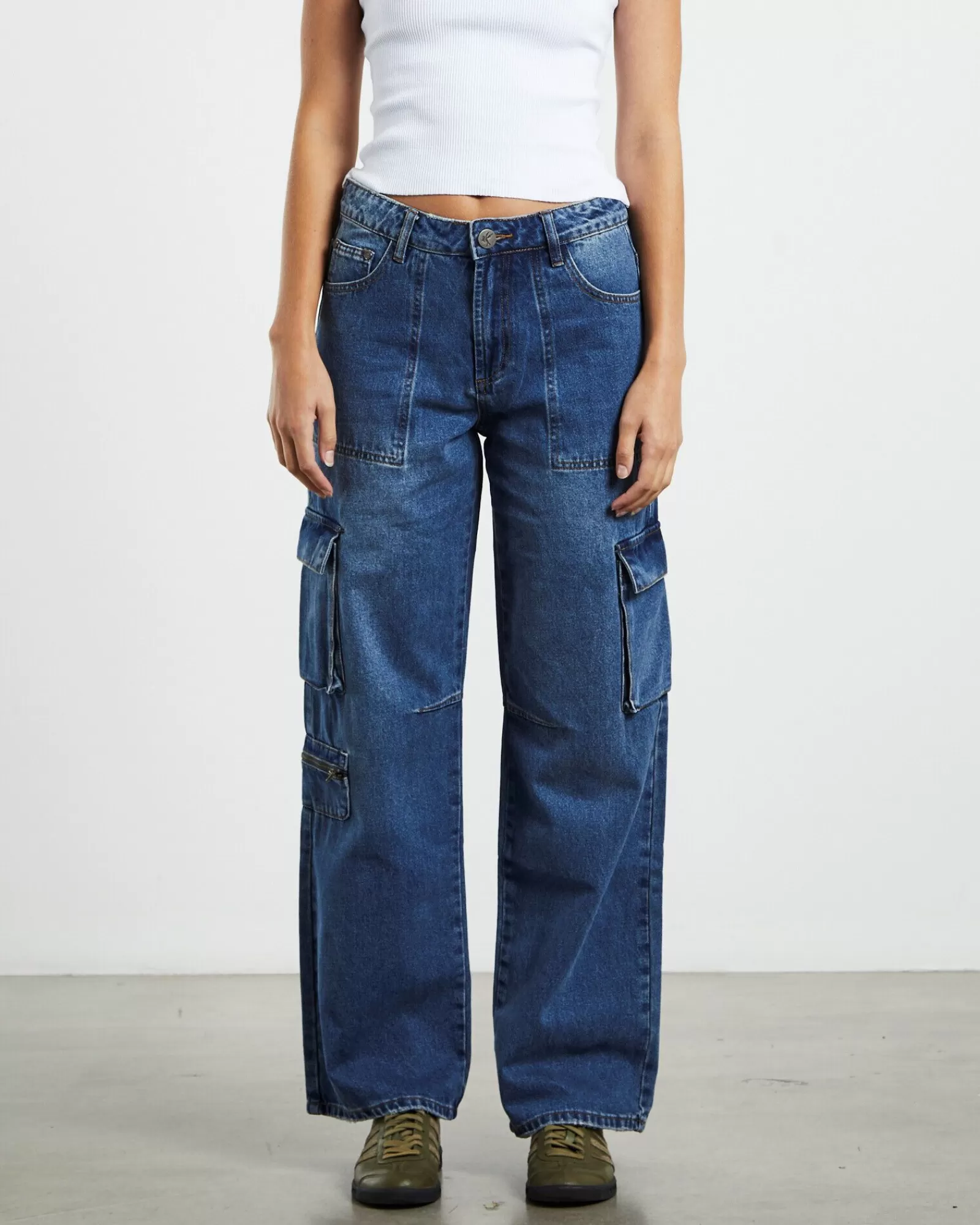 Hot ONE TEASPOON Rosewood Cargo Mid Waist Wide Leg Jeans Jackson Blue