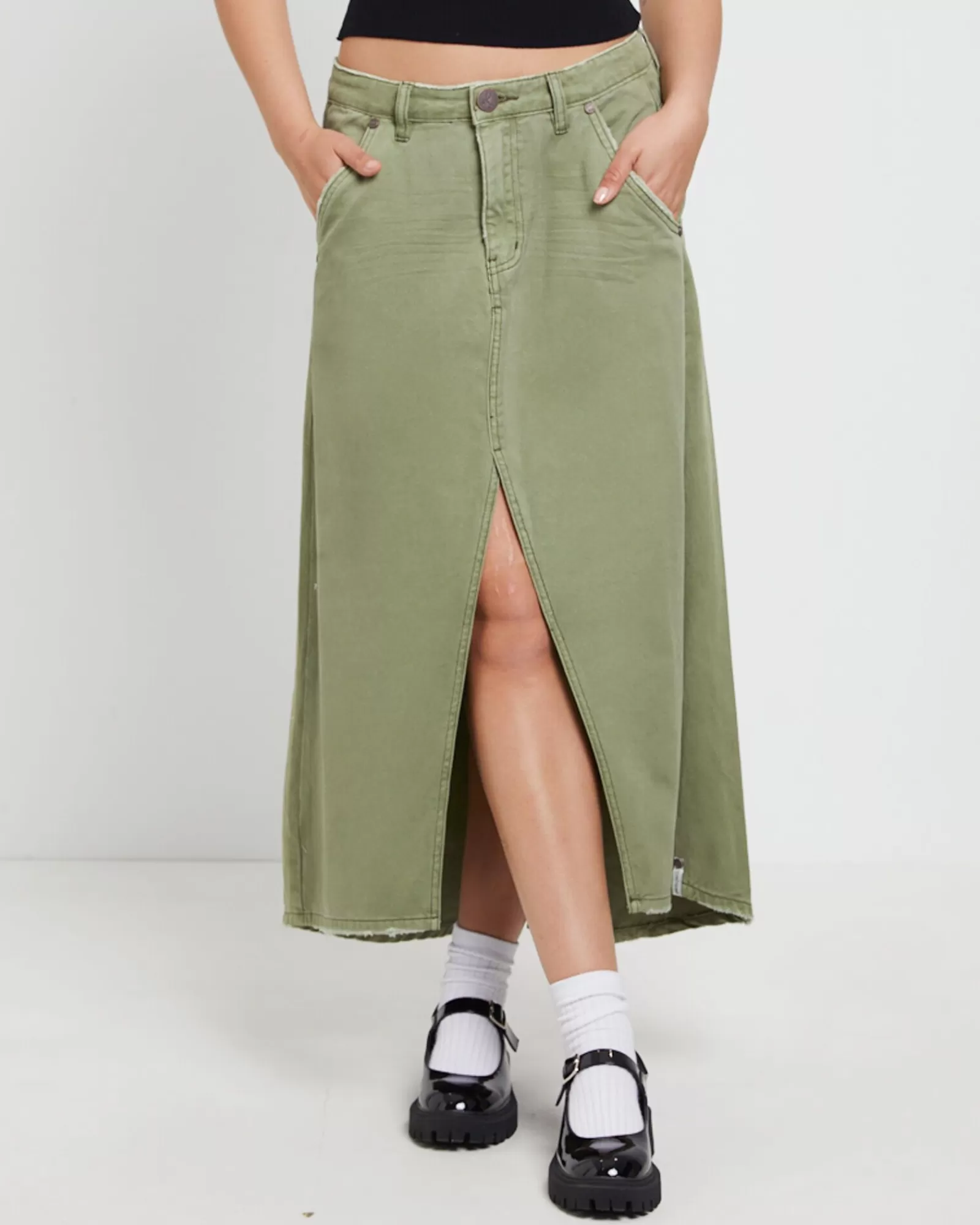 Sale ONE TEASPOON St Khaki Mrs Carter Long Denim Skirt In Green