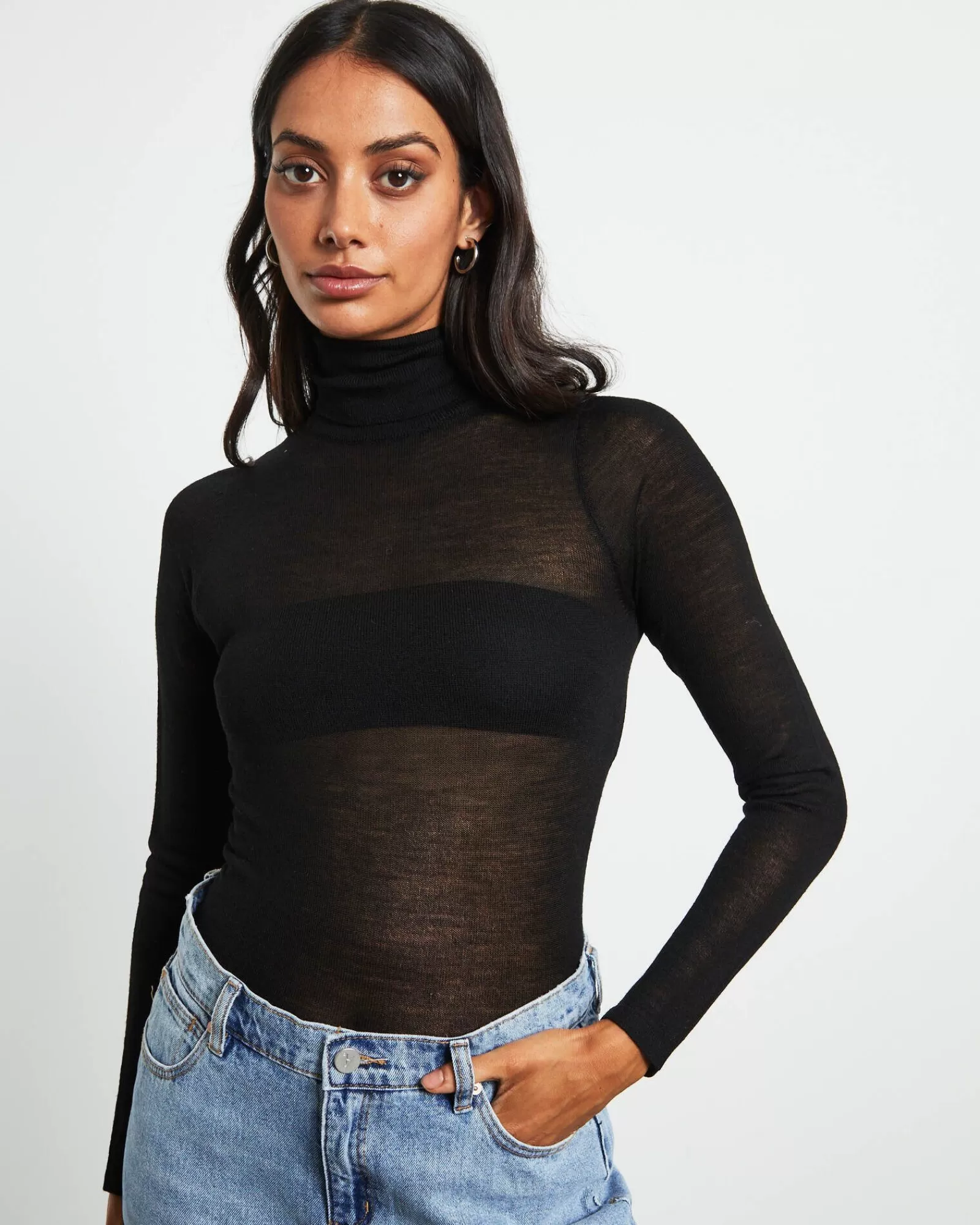 Cheap STUDIO Turtle Neck Long Sleeve Top In Black