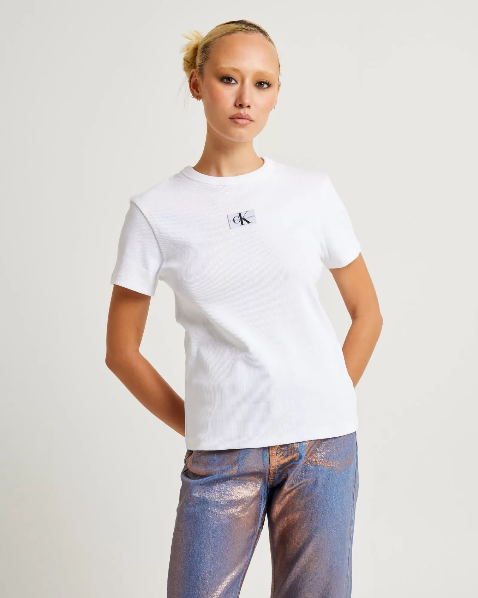 Best CALVIN KLEIN Woven Label Rib Regular Tee White